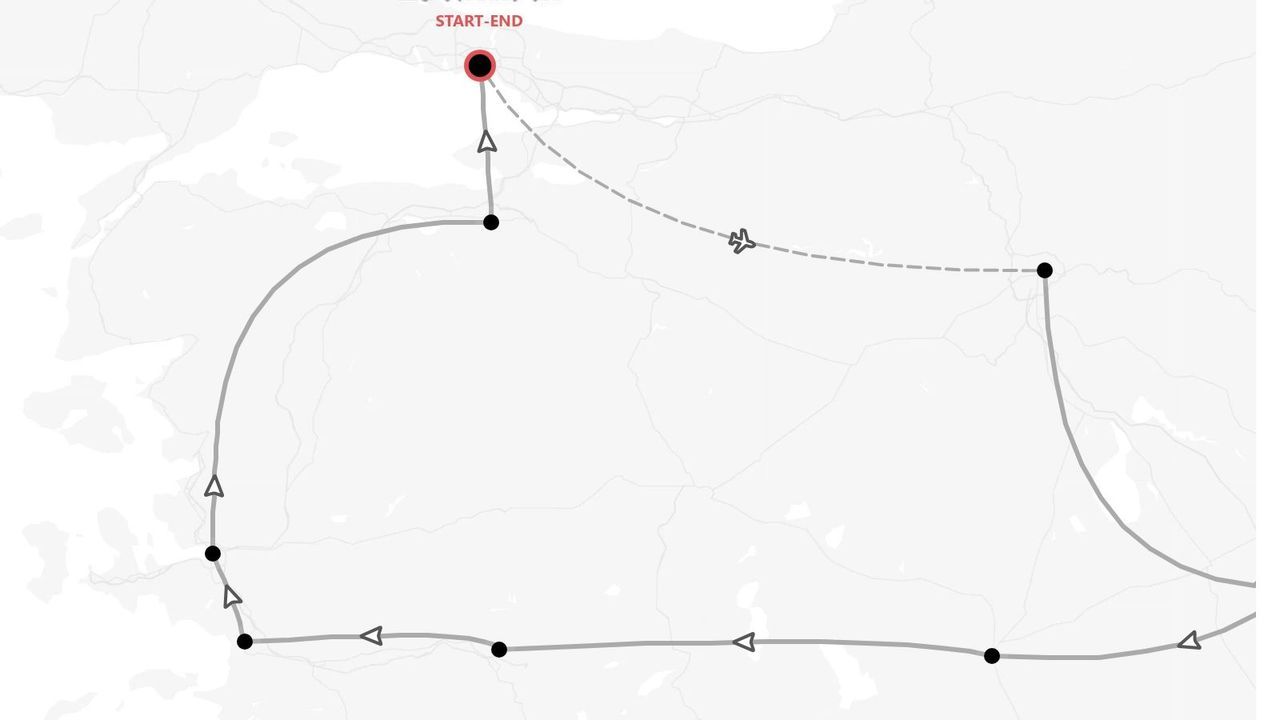 Un mapa estilizado que presenta un itinerario de viaje en forma de bucle, con un punto de inicio y fin común, varias paradas y rutas para transporte terrestre y aéreo.