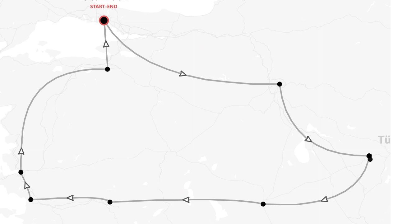 Une carte en niveaux de gris montrant un itinéraire de voyage en boucle, avec un point de 'départ-fin' rouge et plusieurs points de passage noirs le long du parcours.