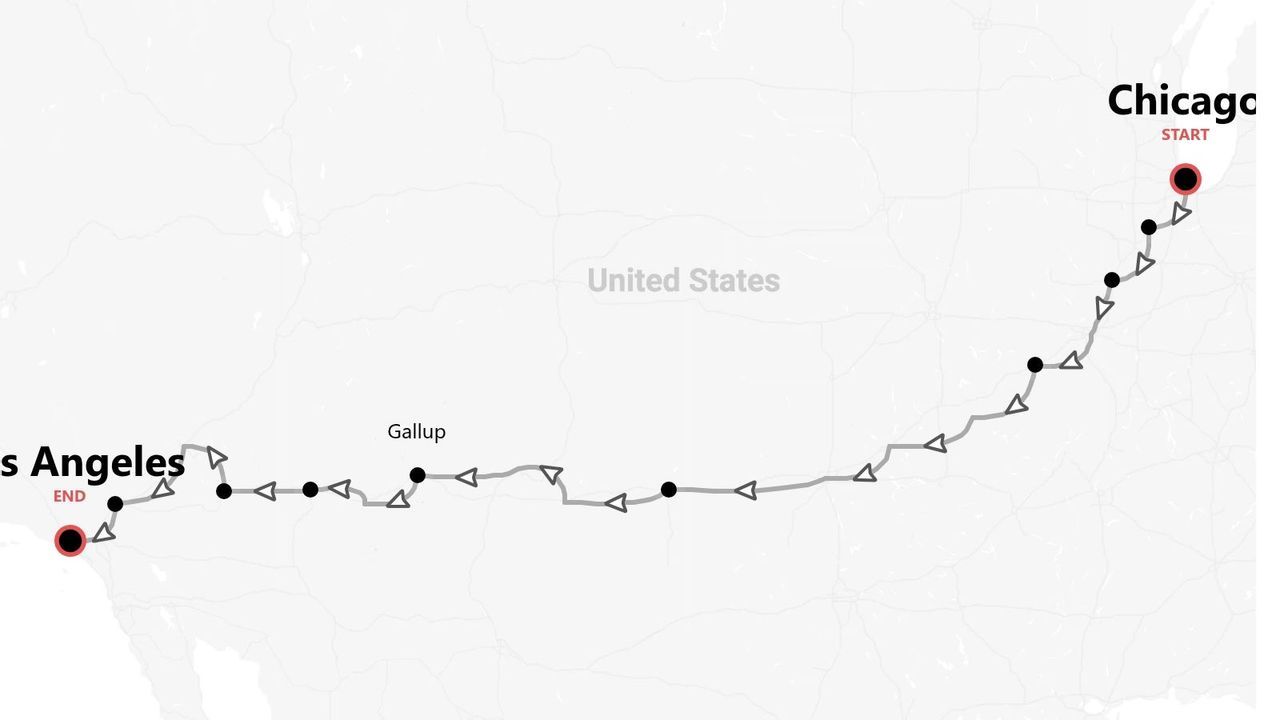 USA-Karte: Reiseroute Chicago nach Los Angeles.