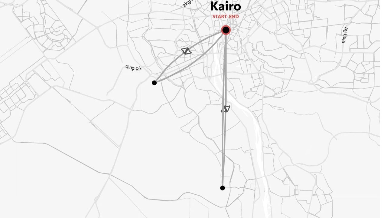 Eine Karte, die eine Reiseroute mit Kairo als Start- und Endpunkt darstellt und Flugrouten sowie lokale Straßen anzeigt.