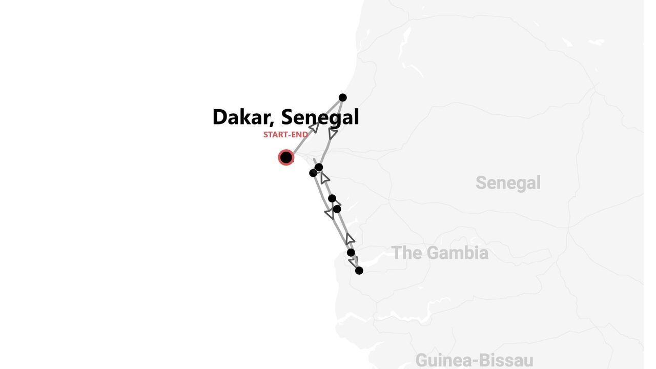 Eine Karte mit einer Reiseroute, die in Dakar, Senegal, beginnt und endet und entlang der Küste durch Senegal und Gambia führt.