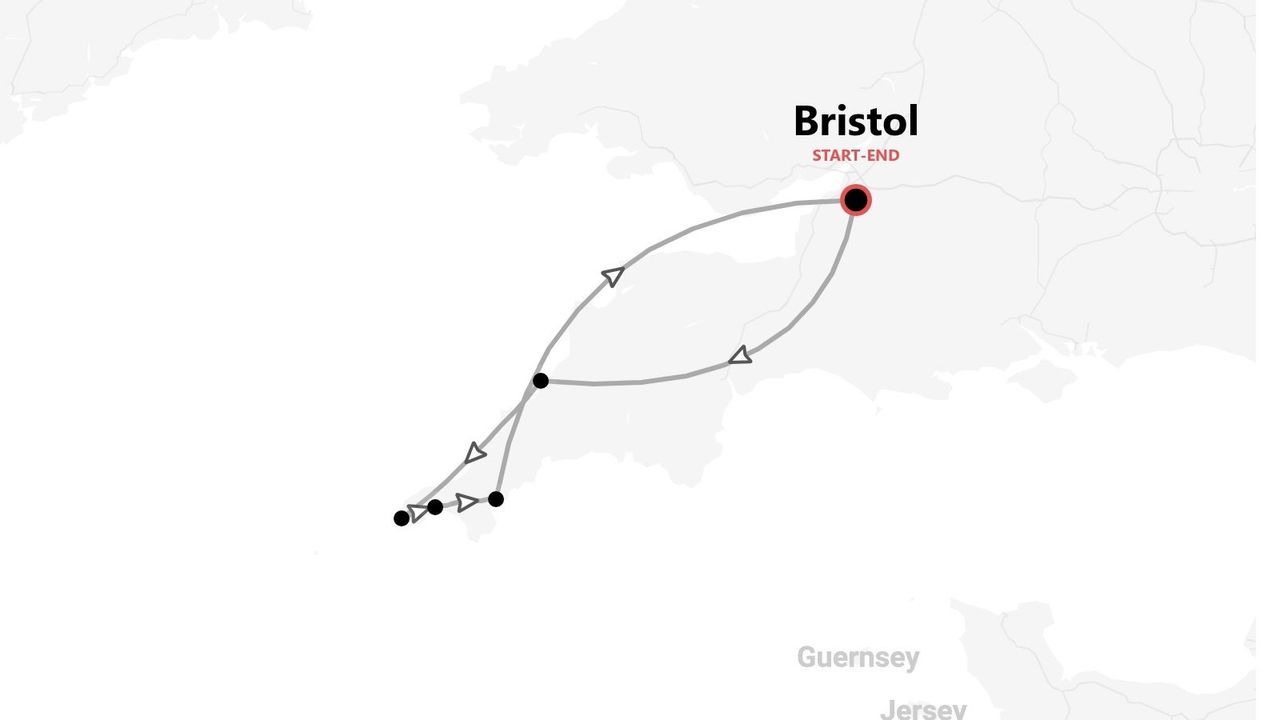 Mappa di un itinerario di viaggio con partenza e arrivo a Bristol, con un percorso ad anello indicato da linee e frecce.