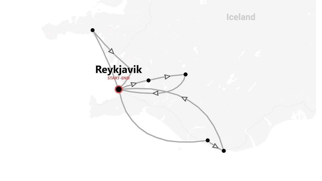 Una mappa dell'Islanda che mostra un itinerario di viaggio con Reykjavik segnata come punto di partenza e arrivo, e linee che indicano il percorso.