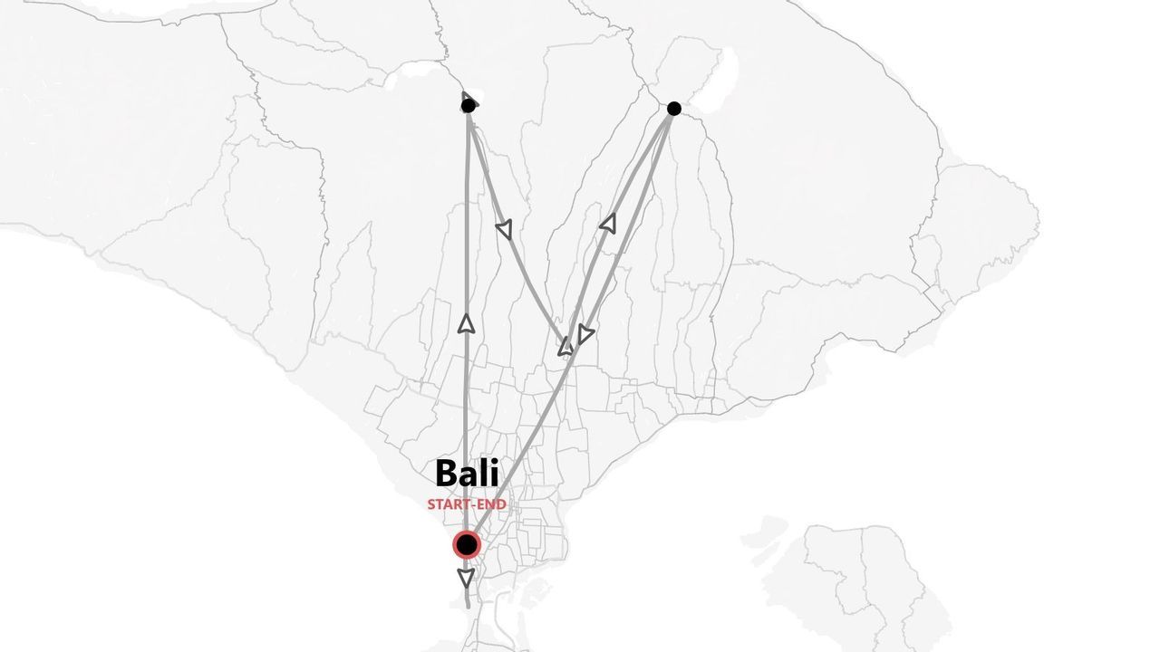 A grayscale map of Bali showing a travel itinerary with its start and end point marked in the south.