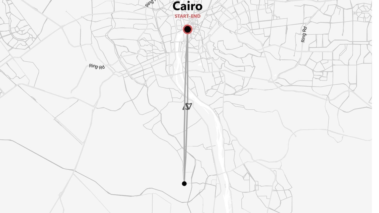 A stylized map showing a travel route with a start and end point in Cairo, with an airplane icon indicating the path.