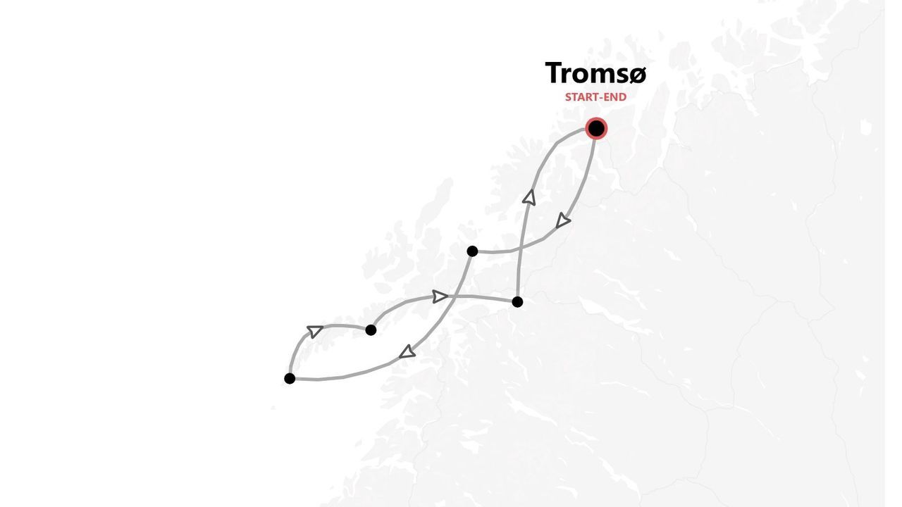 Carte d'un itinéraire de circuit en Norvège, avec départ et arrivée à Tromsø.