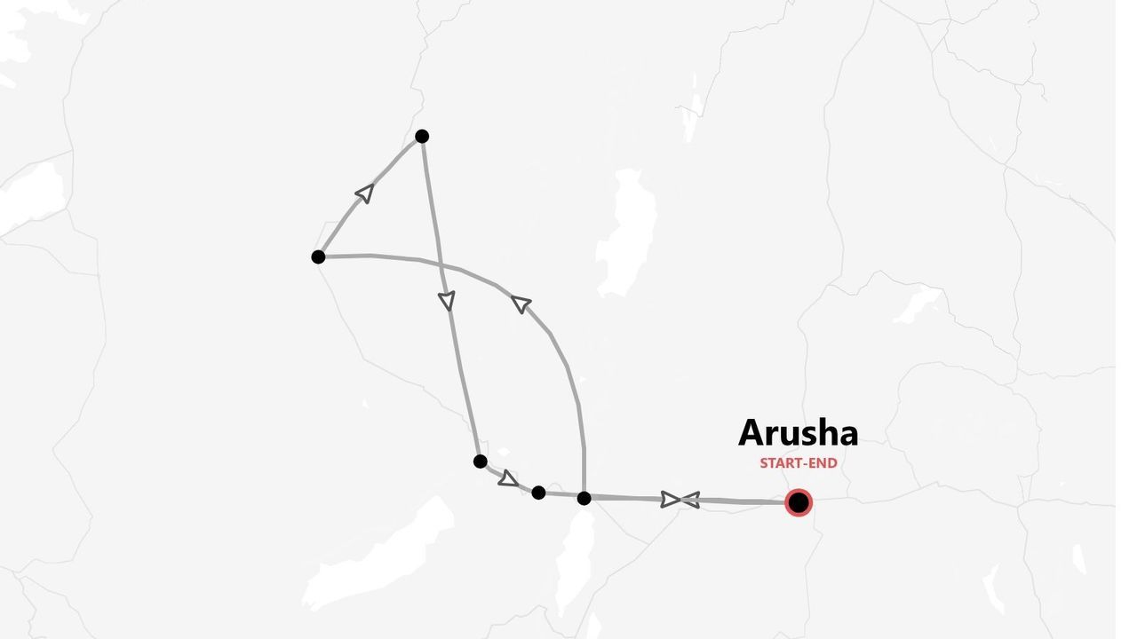 A minimalist map showing a looping tour itinerary with several stops, starting and ending at a point labeled Arusha.