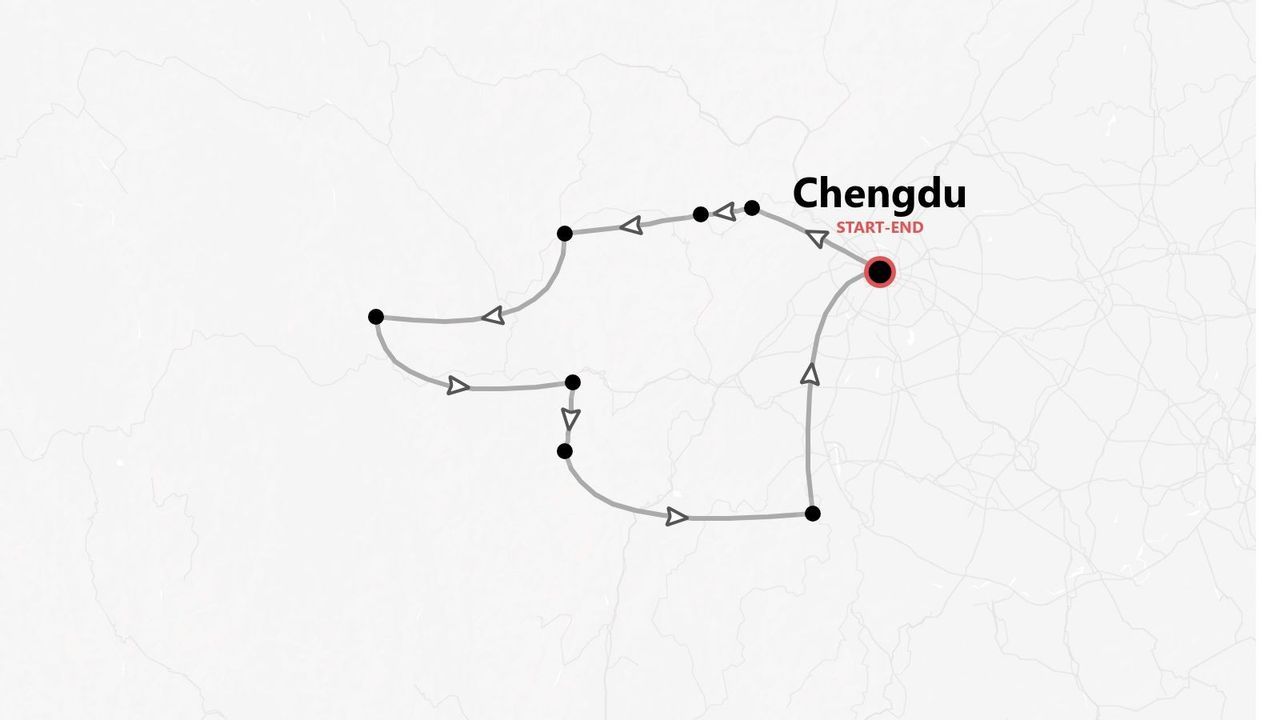 A map of a travel itinerary that starts and ends in Chengdu, shown as a looping route with multiple waypoints.