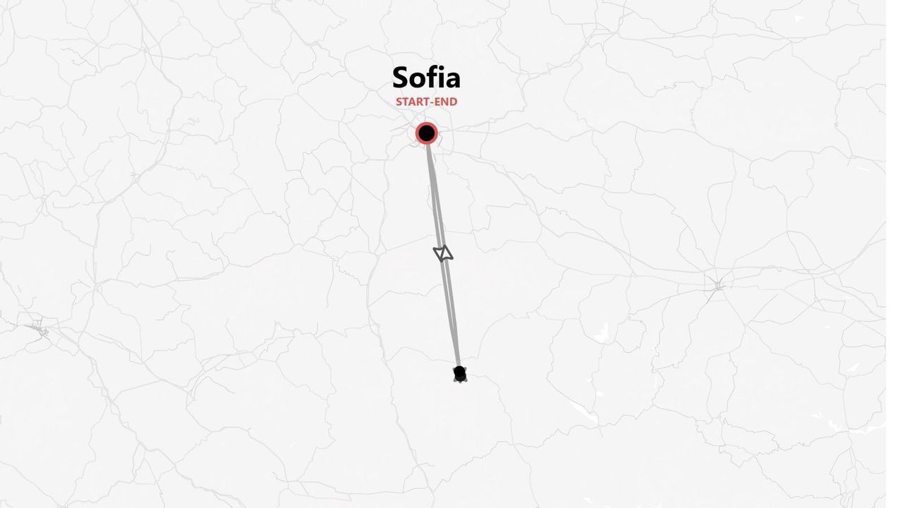 Une carte simplifiée montrant un itinéraire de voyage commençant et se terminant à Sofia, avec un segment de vol indiqué.