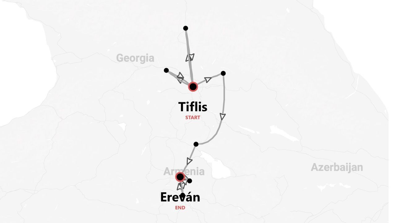 Mapa de una ruta de viaje que comienza en Tiflis, Georgia, y termina en Ereván, Armenia, mostrando el camino con puntos de interés.