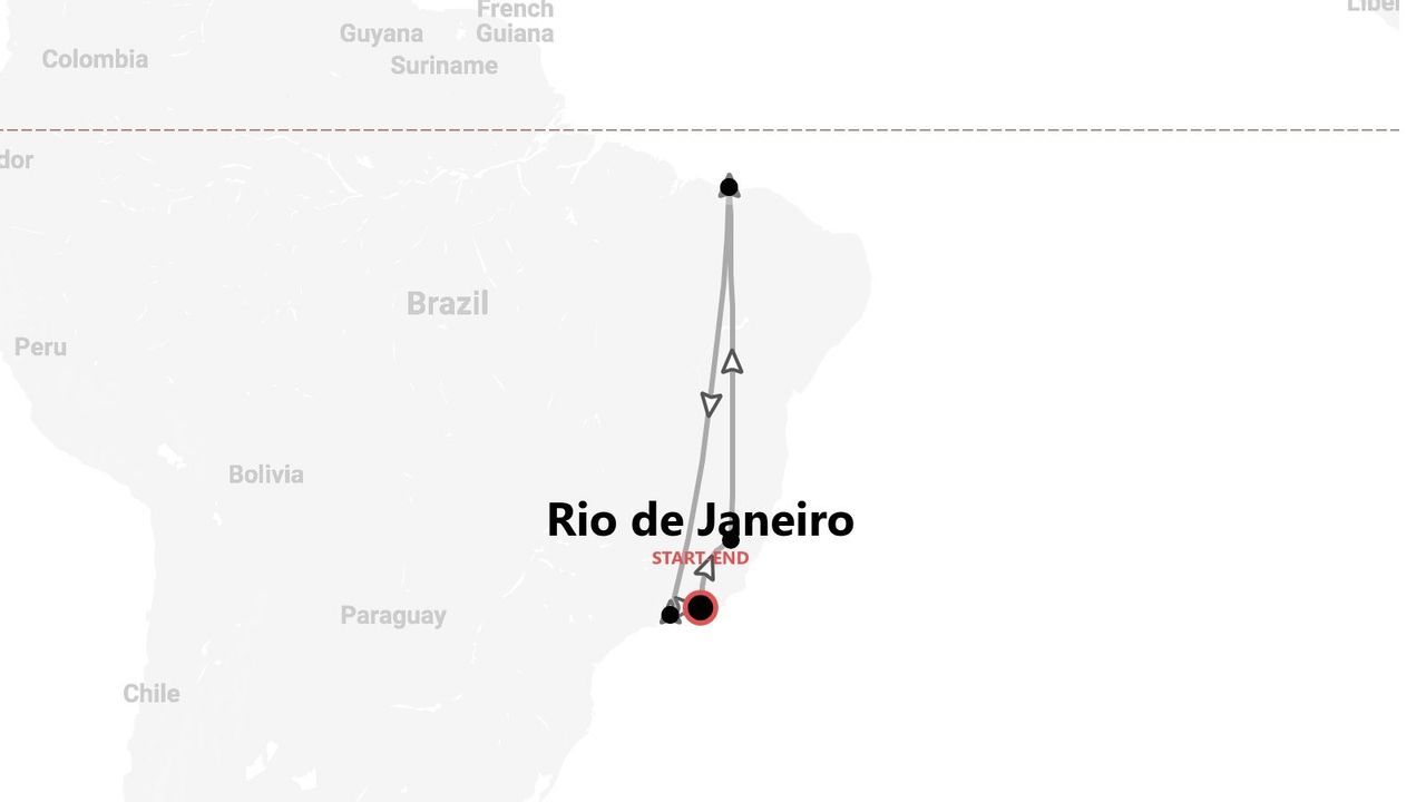 Mappa del Brasile con un percorso di viaggio evidenziato, che inizia e finisce nella città di Rio de Janeiro.