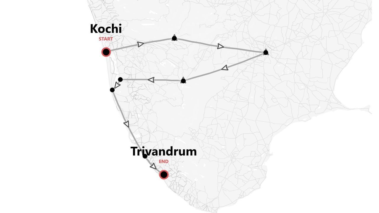 Una mappa stilizzata che illustra un itinerario di viaggio con partenza da Kochi e arrivo a Trivandrum.