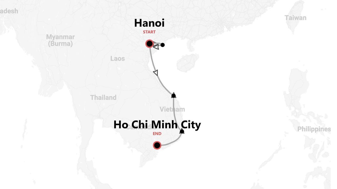 Un mapa que muestra un itinerario de viaje por Vietnam, comenzando en Hanói y terminando en Ciudad Ho Chi Minh.