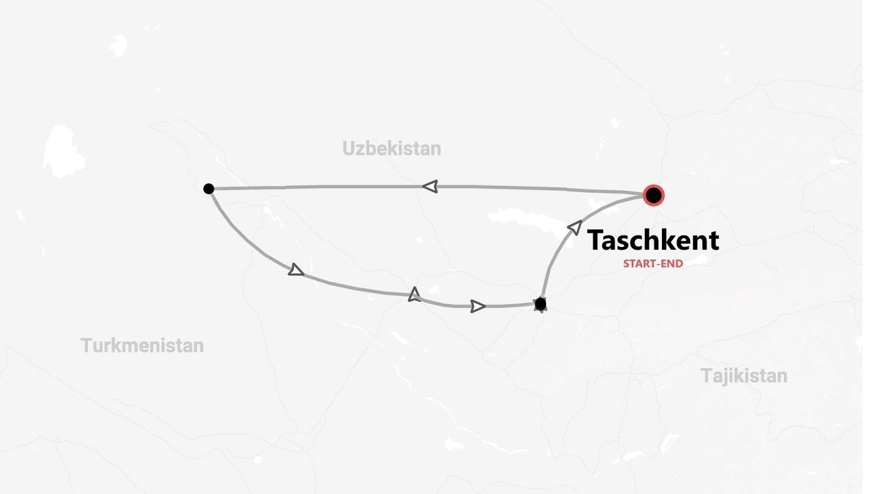 Eine Karte einer Reiseroute durch Usbekistan, die in Taschkent beginnt und endet, wobei der Weg durch eine Linie und Pfeile gekennzeichnet ist.