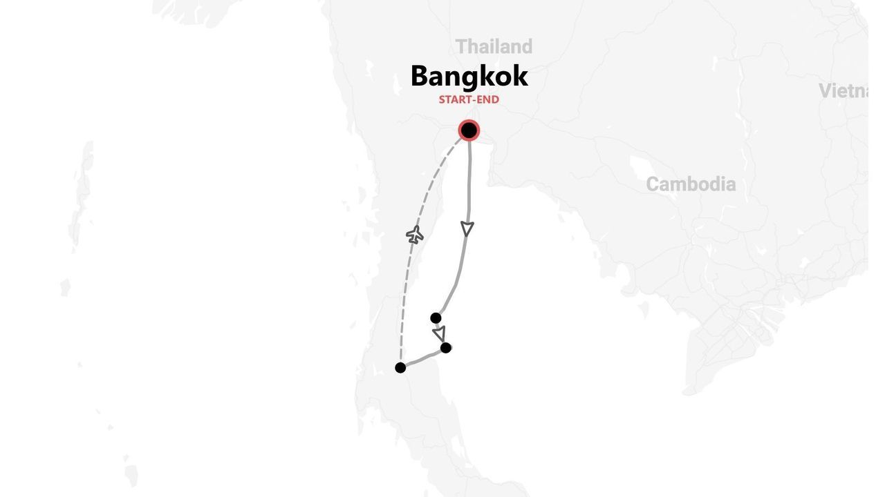Eine Karte einer Thailand-Reiseroute, die einen Rundweg ab/bis Bangkok zeigt, der nach Süden durchs Land führt.
