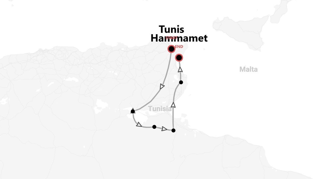 Karte einer Reiseroute durch Tunesien, von Tunis bis Hammamet.