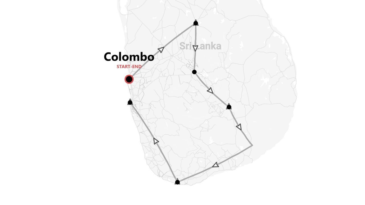 Mappa dello Sri Lanka con itinerario di viaggio: inizio e fine a Colombo.