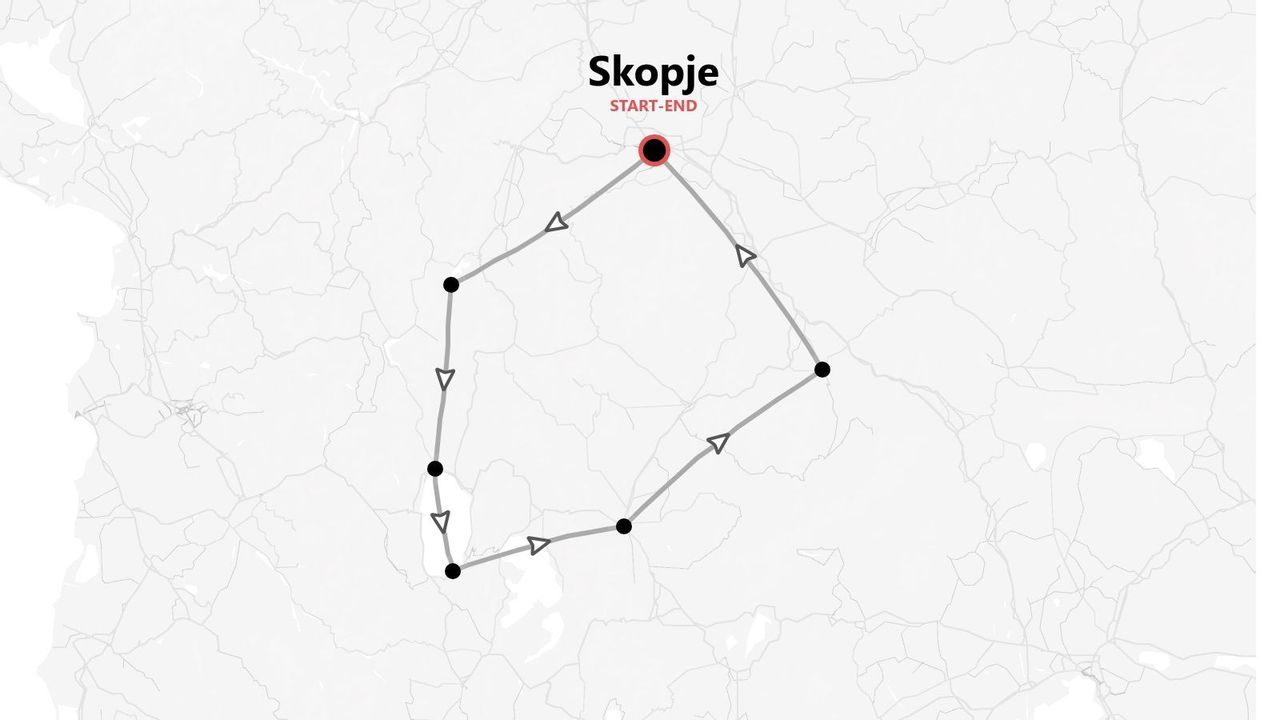 Illustrierte Karte einer Rundreise, die in Skopje beginnt und endet, mit eingezeichneten Zwischenstopps.