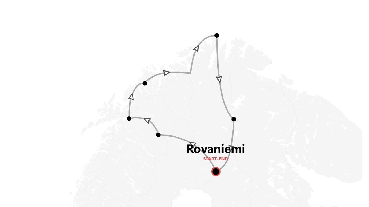 Eine Karte mit einer Rundreise-Route, die in Rovaniemi, Finnland, beginnt und endet.