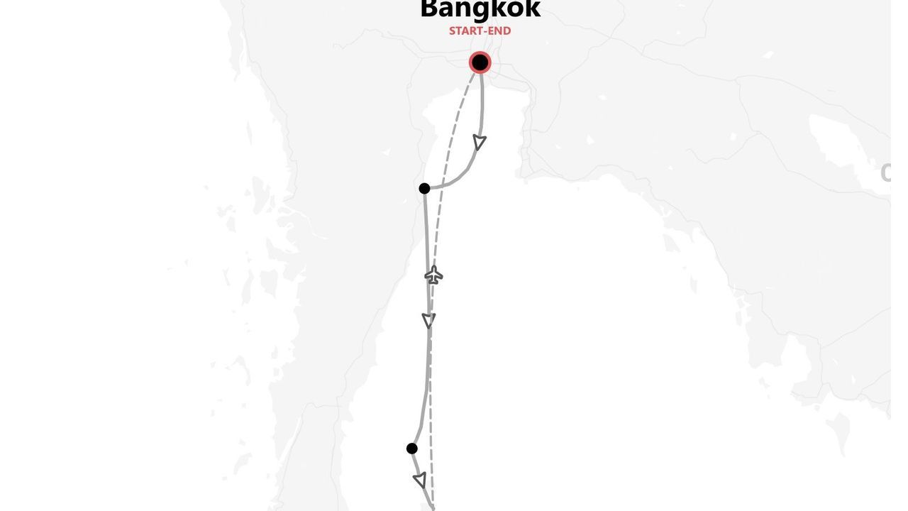 Mappa di un itinerario di viaggio con partenza e arrivo a Bangkok, che indica tappe e un volo.