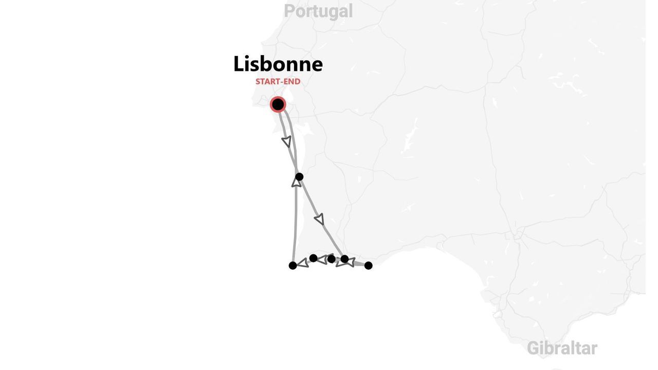 Carte d'un itinéraire de voyage au Portugal. Le parcours débute et se termine à Lisbonne, longeant la côte.