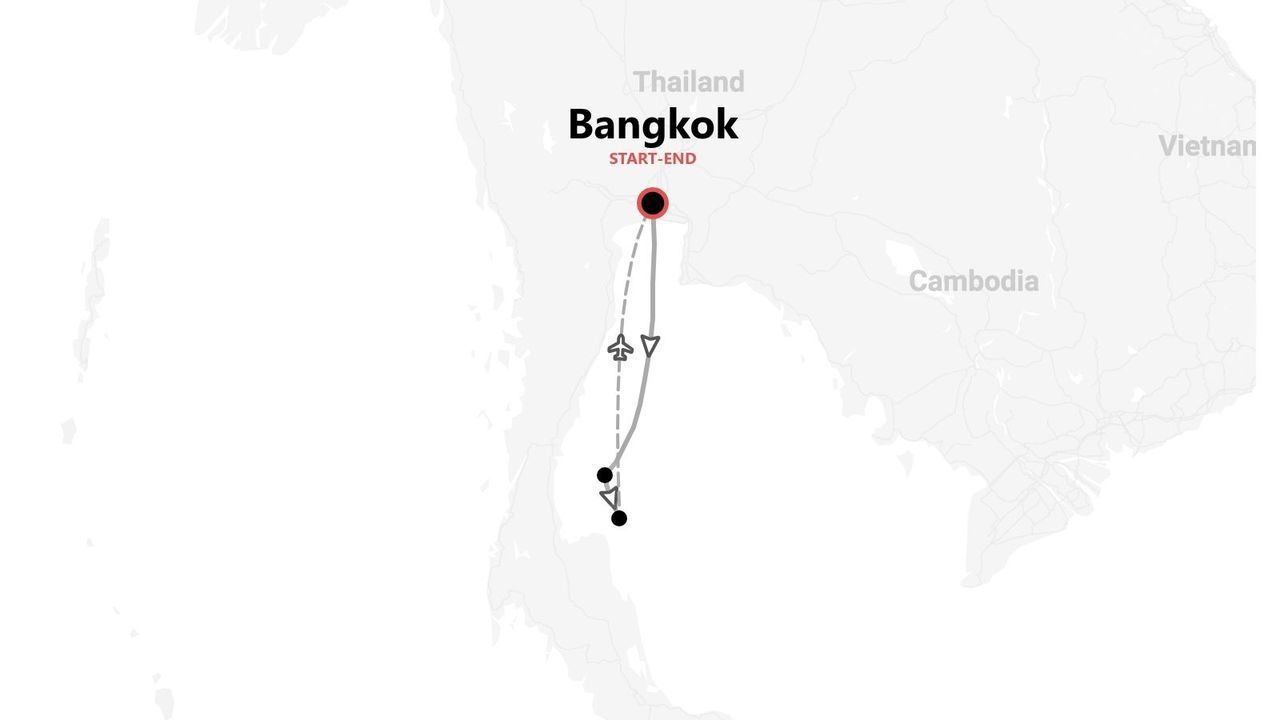 Une carte d'itinéraire de voyage en Thaïlande, commençant et se terminant à Bangkok, avec des icônes pour les transports aériens et terrestres.