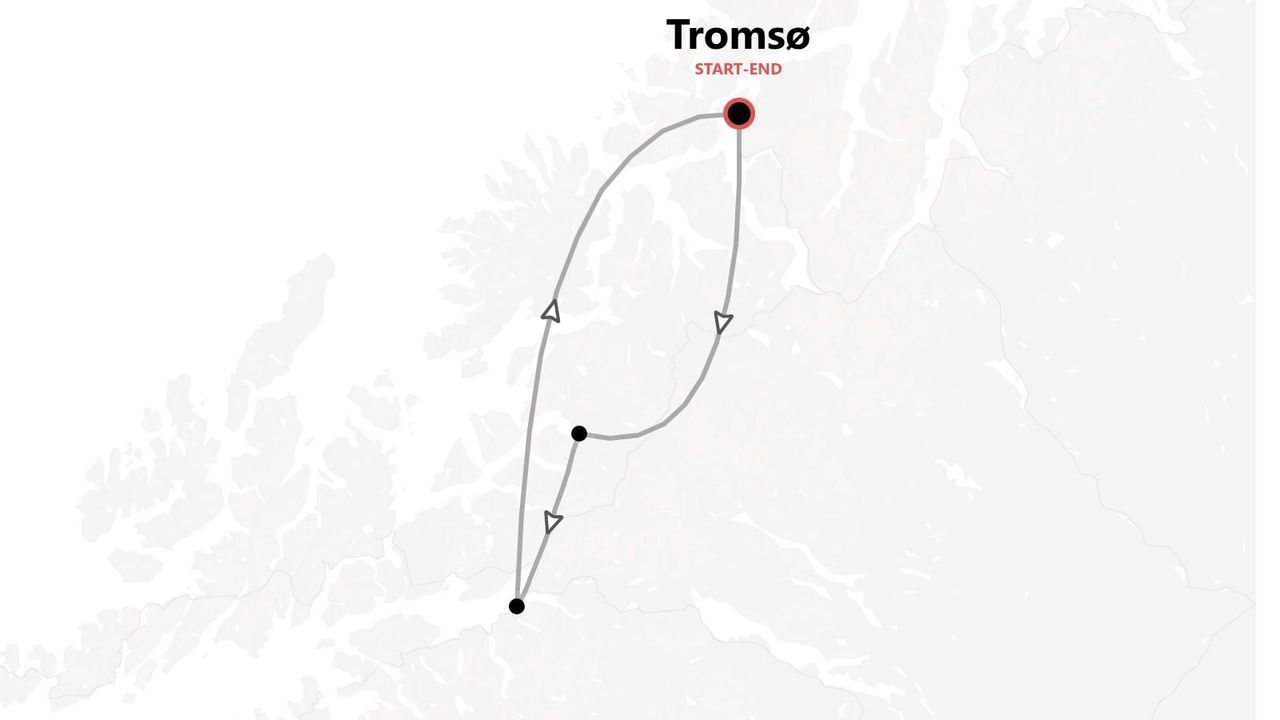 Eine Reiseroutenkarte, die eine Rundreise mit mehreren Stopps zeigt, beginnend und endend in Tromsø.