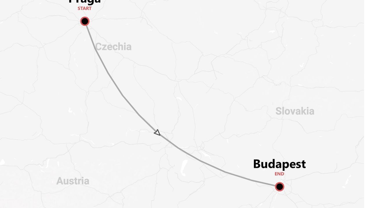 Una mappa che illustra il percorso di viaggio da Praga, Repubblica Ceca, a Budapest, con Slovacchia e Austria visibili.