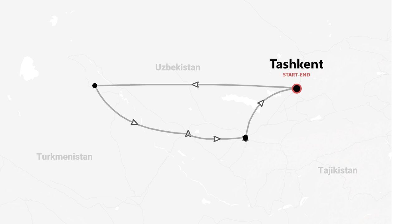 Mapa de itinerario de viaje por Uzbekistán, con inicio y fin en Taskent.