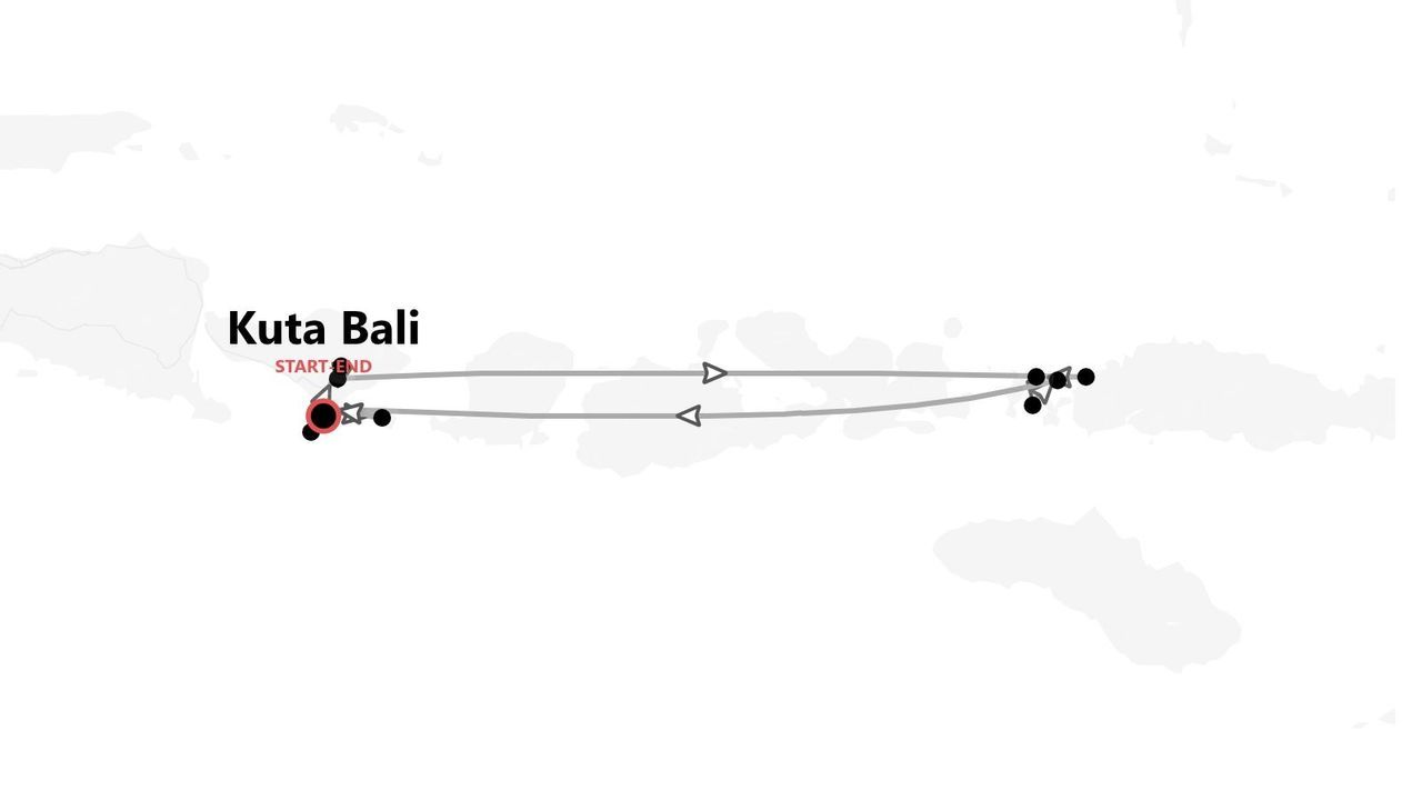 Mappa che mostra un itinerario di viaggio con inizio e fine a Kuta Bali, e un percorso che si snoda verso le isole a est.