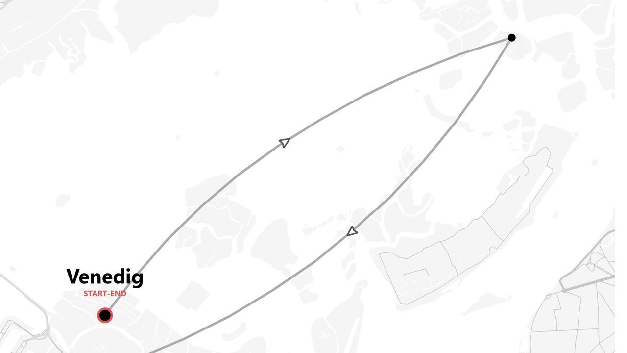 Graustufenkarte einer Reiseroute mit Venedig als Start- und Endpunkt.
