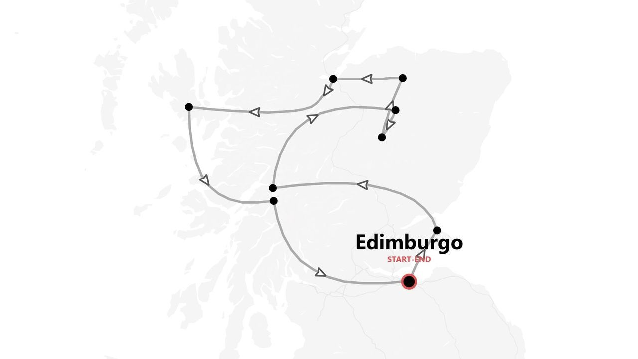 Mappa stilizzata di un itinerario di viaggio in Scozia, con partenza e arrivo a Edimburgo.