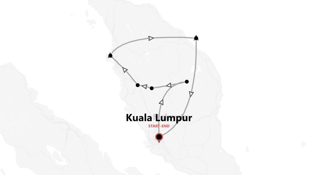 Mappa minimalista di un itinerario turistico attraverso una penisola, con partenza e arrivo a Kuala Lumpur.