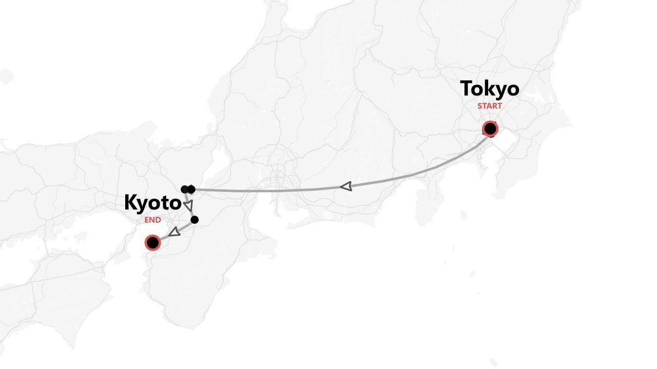 Mappa del Giappone che mostra un itinerario di viaggio da Tokyo a Kyoto, con diverse tappe intermedie.