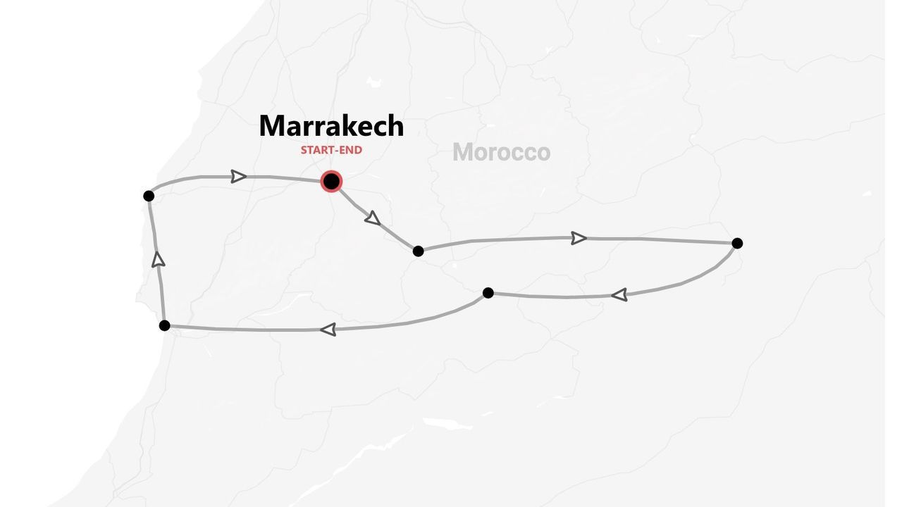 Carte d'un itinéraire de voyage au Maroc, avec un circuit commençant et se terminant à Marrakech.