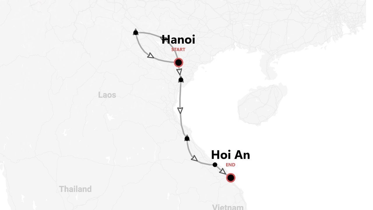 Mappa di un itinerario di viaggio in Vietnam, da Hanoi a Hoi An.