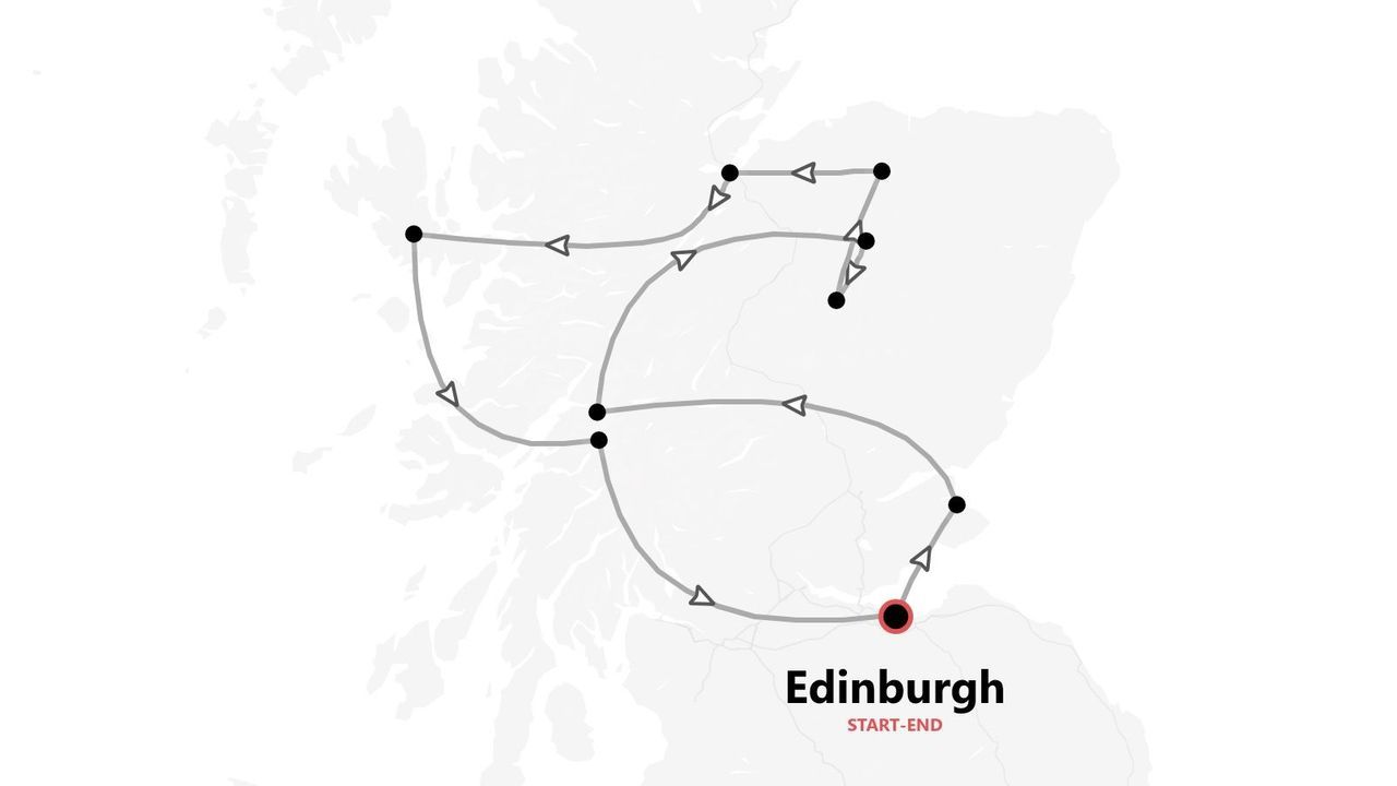 Eine Schottlandkarte zeigt eine Reiseroute, die in Edinburgh beginnt und endet.