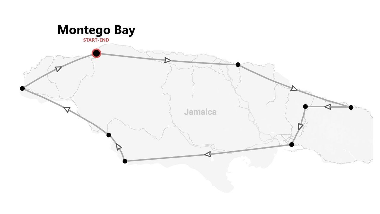 Reiseroutenkarte Jamaika: Start und Ende in Montego Bay.
