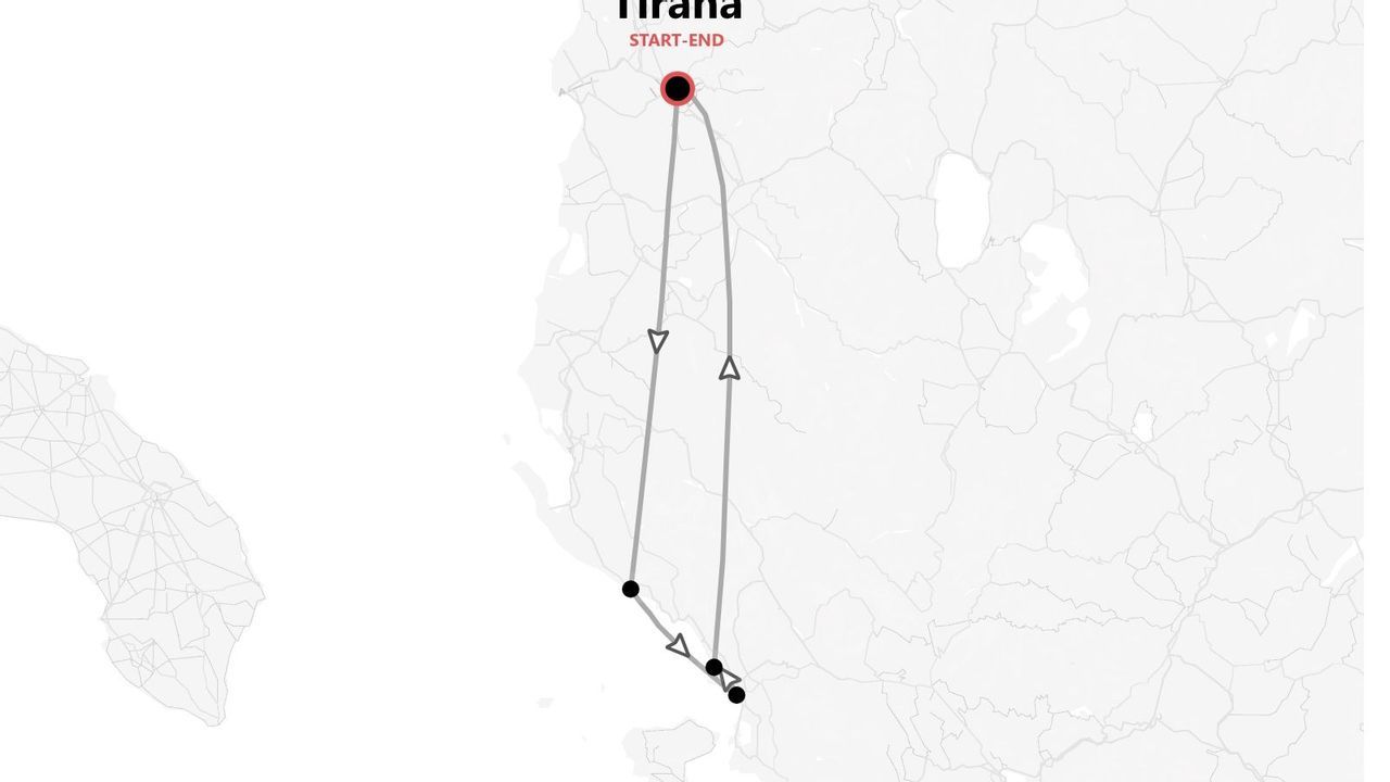 A map of a tour route in Albania, illustrating a loop itinerary that starts and ends in Tirana.