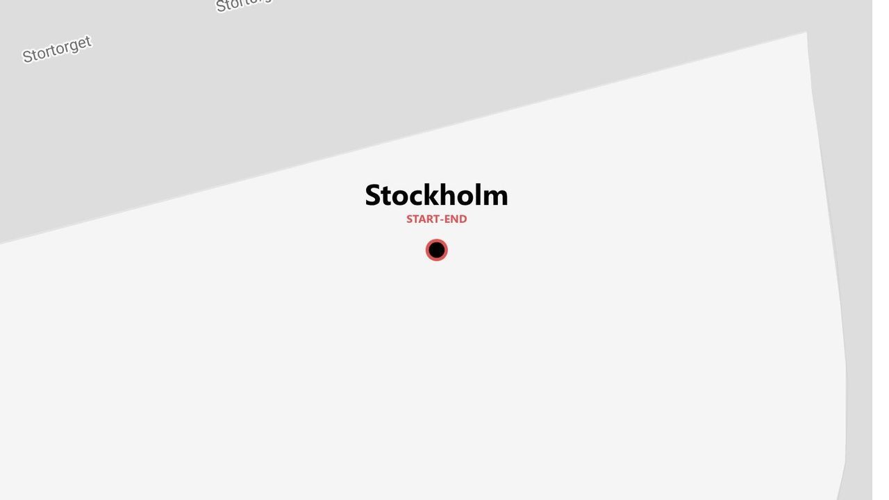 A stylized map of Stockholm indicating the start and end point of a trip, with the street Stortorget visible.