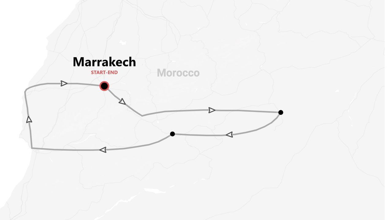 Un mapa de una ruta turística en Marruecos que comienza y termina en Marrakech.