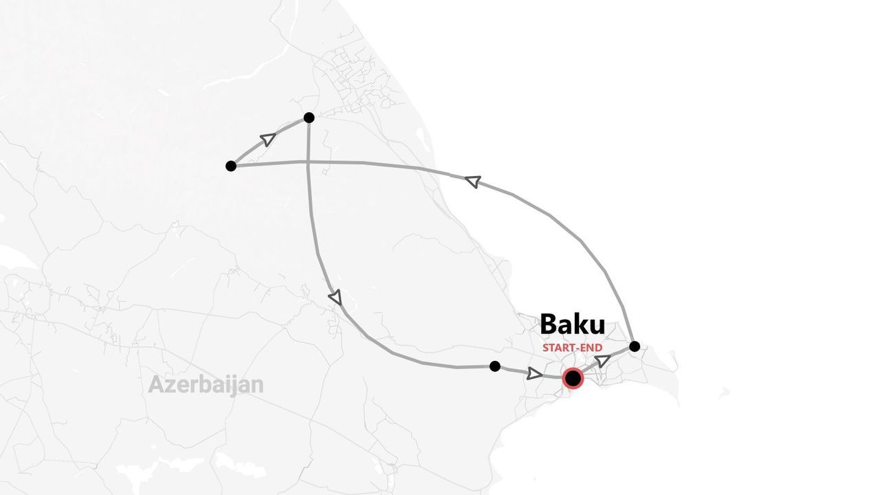 Karte einer Aserbaidschan-Rundreise, die in Baku beginnt und endet.