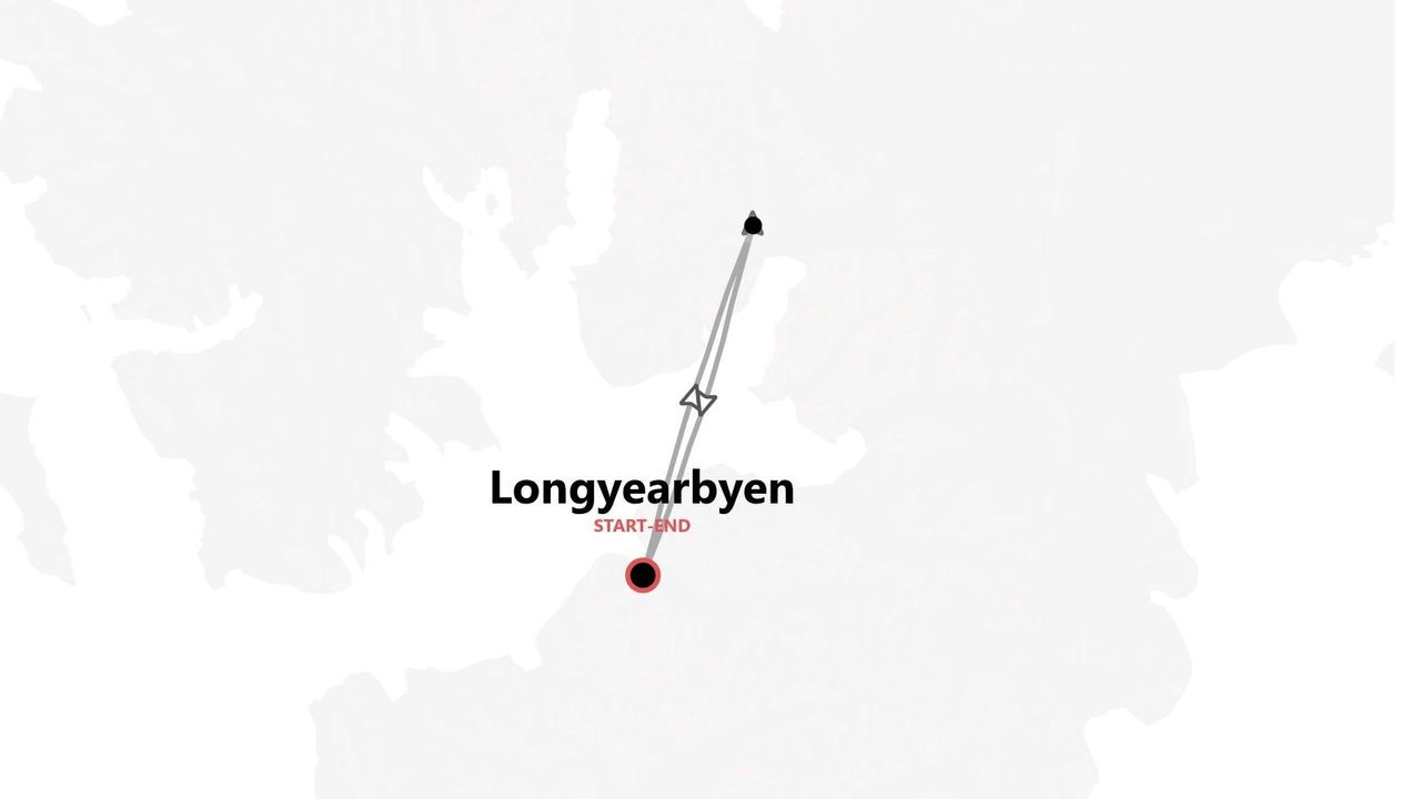 Un mapa estilizado que muestra un itinerario de viaje con inicio y fin en Longyearbyen.
