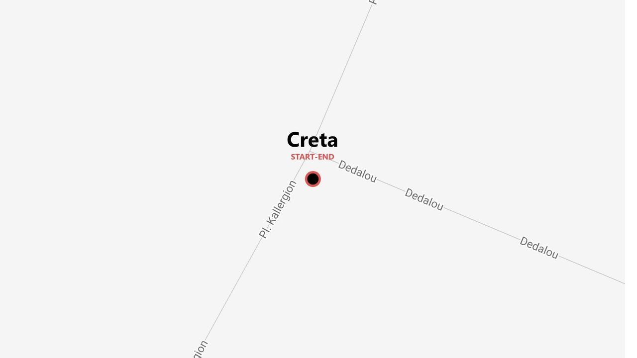 Mappa semplificata di Creta che mostra il punto di inizio e fine di un percorso all'incrocio tra Pl. Kallergion e via Dedalou.