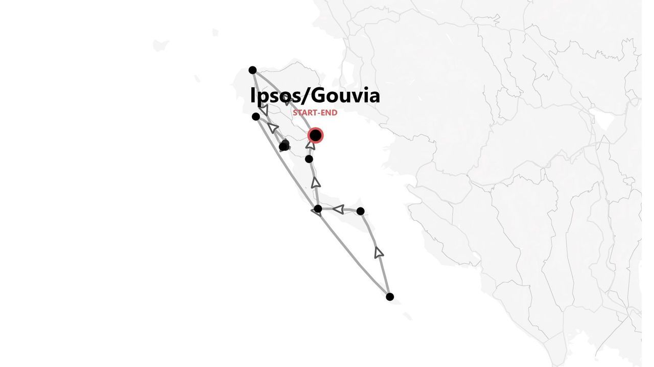 Eine stilisierte Karte, die eine Reiseroute mit Start- und Endpunkten in Ipsos/Gouvia zeigt.