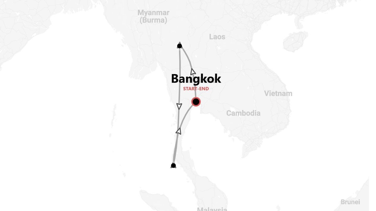 Una mappa che mostra un itinerario di viaggio in Thailandia, con partenza e arrivo a Bangkok.