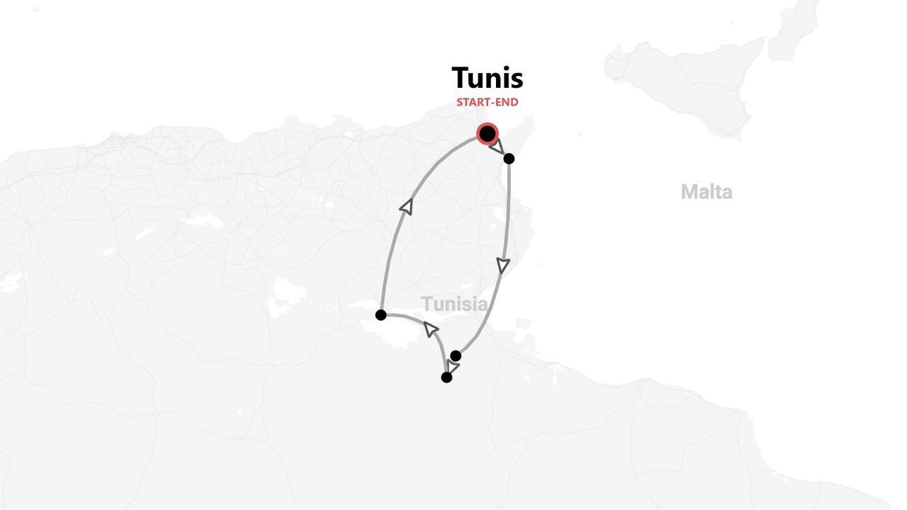 Mappa di un percorso circolare in Tunisia, con partenza e arrivo a Tunisi.