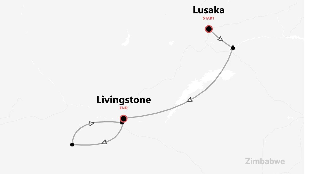 Mappa di un itinerario di viaggio in Zimbabwe, da Lusaka a Livingstone.