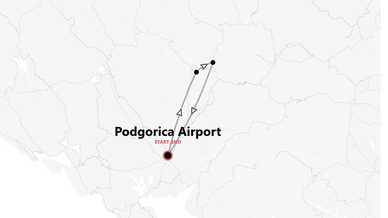 Mappa di un itinerario di viaggio circolare con partenza e arrivo all'Aeroporto di Podgorica e due tappe a nord.