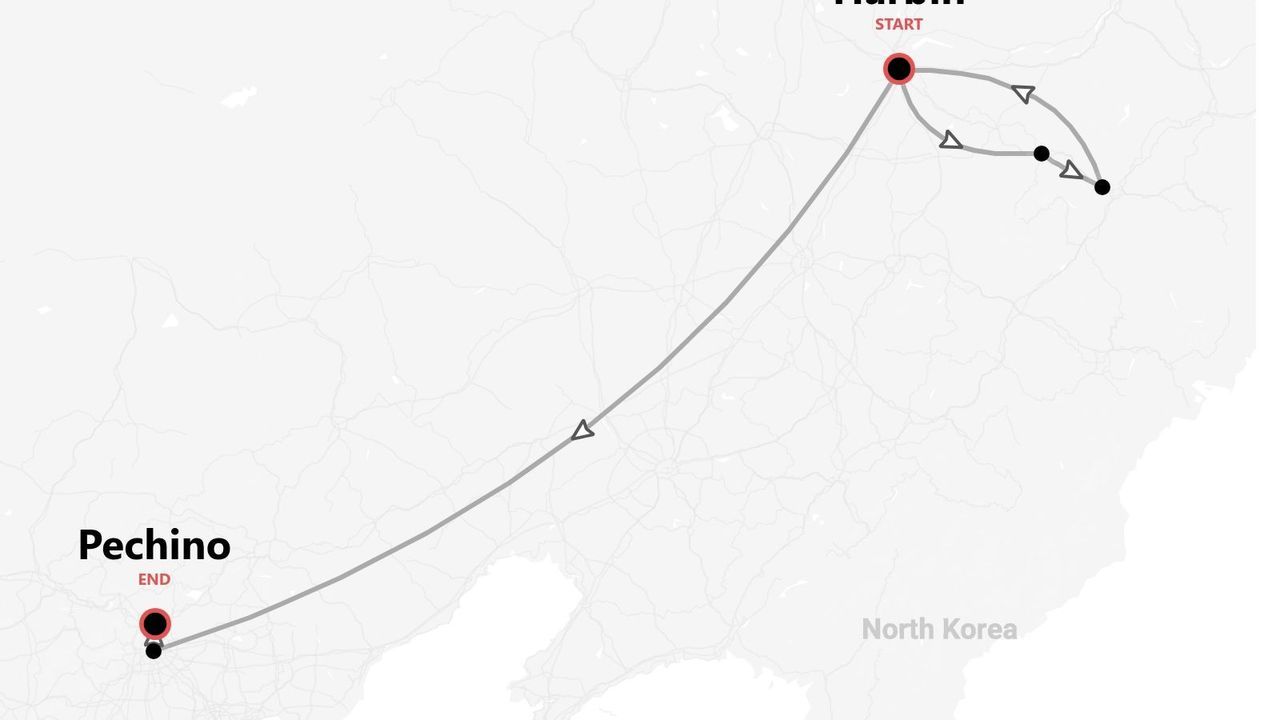 Mappa di un itinerario di viaggio con partenza da Harbin e arrivo a Pechino, passando vicino alla Corea del Nord.